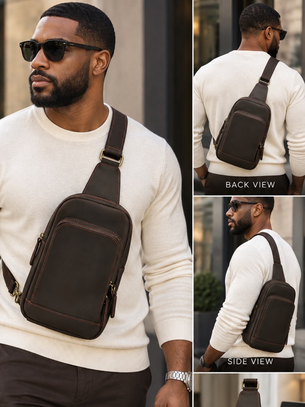 Classic Brown Cowhide Leather Sling Bag for Men